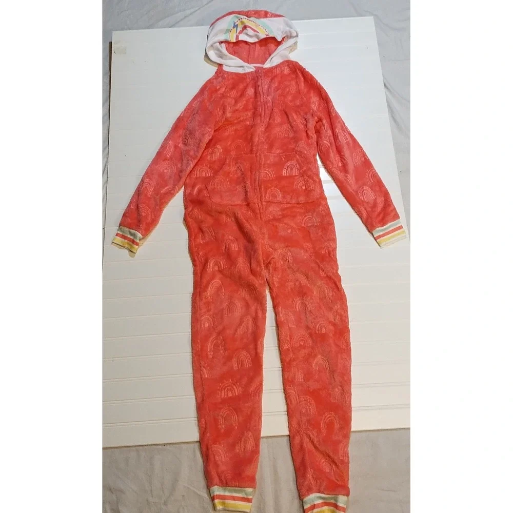 Cat Jack Pink Rainbow Fleece Pajamas Sleepwear One Piece Hooded Girls LG 10 12